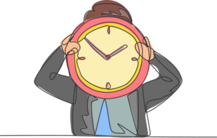 Single continuous line drawing young business man holding giant analog clock in front his head. Minimalism metaphor business deadline concept. Dynamic one line draw graphic design illustration png