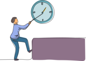 Continuous one line drawing young male worker pulling clockwise big analog clock on the wall. Time management business minimalist concept. Single line draw design graphic illustration png