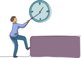 continu un ligne dessin Jeune Masculin ouvrier tirant dans le sens horaire gros analogique l'horloge sur le mur. temps la gestion affaires minimaliste concept. Célibataire ligne dessiner conception graphique illustration png