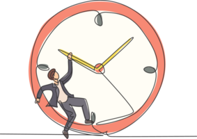 Célibataire un ligne dessin de Jeune affaires homme pendaison sur dans le sens horaire de géant analogique horloge. affaires temps la discipline métaphore concept. moderne continu ligne dessiner conception graphique illustration png