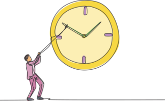 continu un ligne dessin Jeune Masculin ouvrier tirant dans le sens horaire de gros analogique mur l'horloge avec corde. temps la gestion affaires minimaliste concept. Célibataire ligne dessiner conception graphique illustration png