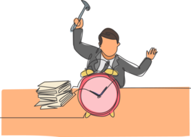 singolo continuo linea disegno giovane stressante attività commerciale uomo colpire il allarme orologio con martello. minimalismo metafora attività commerciale Scadenza concetto. dinamico uno linea disegnare grafico design illustrazione png