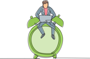 Single one line drawing of young business man sitting on big analog alarm clock and typing on laptop. Business time discipline metaphor concept. Continuous line draw design graphic illustration png