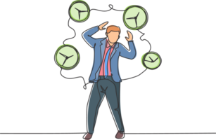 Single continuous line drawing young stressful business man surrounded by flying analog clocks. Minimalism metaphor business deadline concept. Dynamic one line draw graphic design illustration png