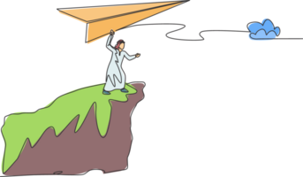 Single einer Linie Zeichnung von jung arabisch Geschäft Mann fliegen Papier Flugzeug von oben von Berg. Geschäft Vision minimal Metapher Konzept. modern kontinuierlich Linie zeichnen Design Grafik Illustration png