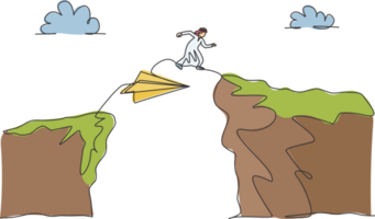 Single continuous line drawing young Arabian business man jumping from paper plane to top of cliff. Business growth leap. Minimalism metaphor concept. One line draw graphic design illustration png