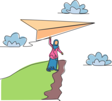 Single one line drawing of young Arab business woman holding giant paper plane on cliff. Business challenge. Minimal metaphor concept. Modern continuous line draw design graphic  illustration png