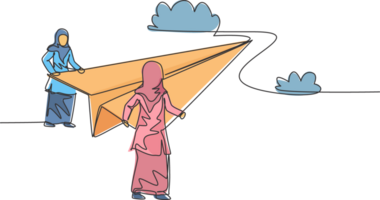 Continuous one line drawing young Arab female worker holding paper plane at top of the hill. Success business manager. Minimalist metaphor concept. Single line draw design graphic illustration png