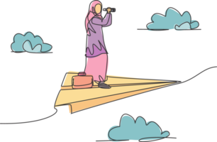 Single one line drawing of young Arab business woman searching business opportunities on flying paper plane. Minimal metaphor concept. Modern continuous line draw design graphic illustration png