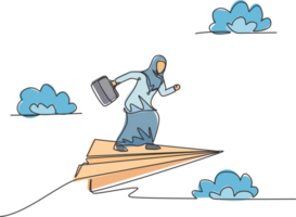 Célibataire un ligne dessin de Jeune arabe affaires femme prêt à courir sur en volant papier avion. affaires défi. minimal métaphore concept. moderne continu ligne dessiner conception graphique illustration png