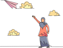 Single continuous line drawing young Arab business woman waving hand to flying paper plane. Minimalism metaphor concept. Dynamic one line draw graphic design illustration png