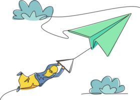 Single einer Linie Zeichnung von jung arabisch Geschäft Frau hängend auf Papier Flugzeug. Geschäft Herausforderung minimal Metapher Konzept. modern kontinuierlich Linie zeichnen Design Grafik Illustration png