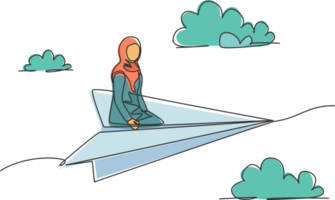 Célibataire continu ligne dessin Jeune arabe affaires femme séance se détendre sur en volant papier avion à faire affaires voyage. minimalisme métaphore concept. dynamique un ligne dessiner graphique conception illustration png