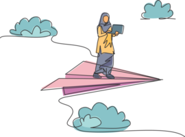 Single one line drawing of young Arab business woman holding laptop on flying paper plane. Business challenge. Minimal metaphor concept. Modern continuous line draw design graphic illustration png