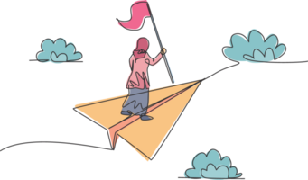 Single one line drawing of young Arab business woman holding flag on flying paper plane. Business challenge. Minimal metaphor concept. Modern continuous line draw design graphic illustration png