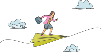 Single one line drawing young businesswoman flying on paper airplane ready to chase business target. Business vision. Metaphor minimal concept. Continuous line draw design graphic illustration png