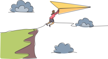 Continuous one line drawing young female worker jump to flying paper plane from top cliff. Success business manager. Metaphor minimalist concept. Single line draw design graphic illustration png