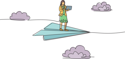Continuous one line drawing young female worker holding laptop while flying with paper plane. Success business manager. Metaphor minimalist concept. Single line draw design graphic illustration png