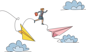 Continuous one line drawing of young female worker jumping from crash paper plane to the healthy one. Success manager. Metaphor minimalist concept. Single line draw design graphic illustration png