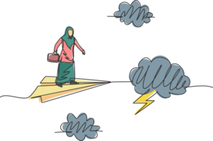 soltero uno línea dibujo de joven árabe negocio mujer en volador papel avión mediante tormenta. negocio desafío. mínimo metáfora concepto. moderno continuo línea dibujar diseño gráfico ilustración png