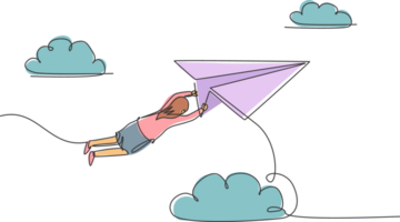 Continuous one line drawing of young female worker hanging on flying paper plane. Success business manager. Metaphor minimalist concept. Trendy single line draw design graphic illustration png