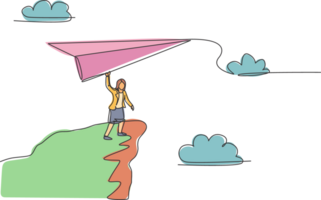 Continuous one line drawing young female worker fly paper plane from top cliff edge. Success business manager. Metaphor minimalist concept. Trendy single line draw design graphic illustration png