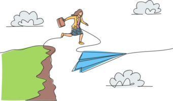 Single one line drawing young businesswoman jumping to flying paper plane from top of the cliff. Business challenges. Metaphor minimal concept. Continuous line draw design graphic illustration png