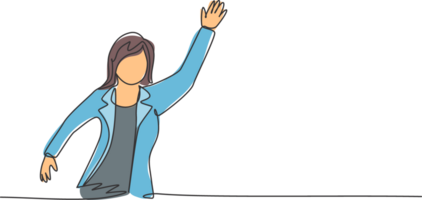 Continuous one line drawing of young female worker waving her hand to greet colleague. Success business manager. Metaphor minimalist concept. Trendy single line draw design graphic illustration png