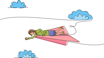 Single continuous line drawing young professional business woman lay down on flying paper plane to reach business target. Minimalism metaphor concept. One line draw graphic design illustration png