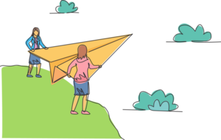 Single one line drawing of two young businesswomen release paper plane from top of the mountain. Business goal. Metaphor minimal concept. Modern continuous line draw design graphic illustration png