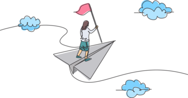 Célibataire un ligne dessin de Jeune femme d'affaires en volant avec papier avion et en portant gagnant drapeau. affaires but. métaphore minimal concept. moderne continu ligne dessiner conception graphique illustration png