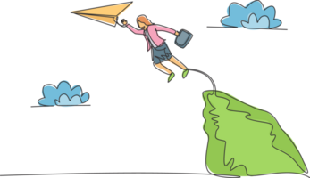 Single continuous line drawing young business woman jumping to reach paper plane from top of the cliff. Best entrepreneur. Minimalism metaphor concept. One line draw graphic design illustration png