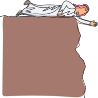 Continuous one line drawing of young Arab male worker lay down on cliff to help his colleague. Success business manager minimalist metaphor concept. Single line draw design graphic illustration png
