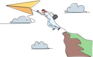 Single one line drawing young Arabian business man jumping high from top cliff to reach flying paper airplane. Minimal metaphor concept. Modern continuous line draw design graphic illustration png