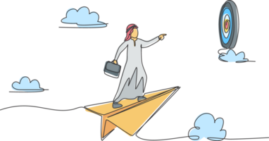 Continuous one line drawing young Arab male worker flying with paper plane to hit target on dartboard. Success manager minimalist metaphor concept. Single line draw design graphic illustration png