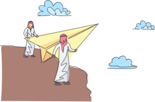 Continuous one line drawing two young Arab male workers fly paper plane from top of mountain. Success business managers minimalist metaphor concept. Single line draw design graphic illustration png