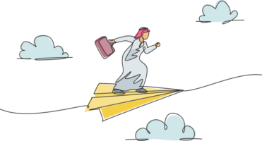 Single one line drawing young Arab business man flying on paper plane and pose ready to run. Business mission minimal metaphor concept. Modern continuous line draw design graphic illustration png