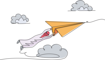 Single one line drawing of young Arabian business man hanging tight on paper airplane. Business challenge minimal metaphor concept. Modern continuous line draw design graphic illustration png