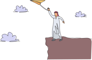 Single continuous line drawing young Arab business man waving hand to flying paper plane from top of mountain. Minimalism metaphor concept. Dynamic one line draw graphic design illustration png