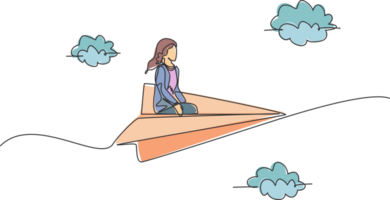 Single one line drawing of young businesswoman siting relax on paper plane to do business trip. Business goal. Metaphor minimal concept. Modern continuous line draw design graphic illustration png