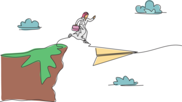 single doorlopend lijn tekening jong Arabisch bedrijf Mens jumping van top van berg naar vliegend papier vlak. minimalisme metafoor concept. dynamisch een lijn trek grafisch ontwerp illustratie png