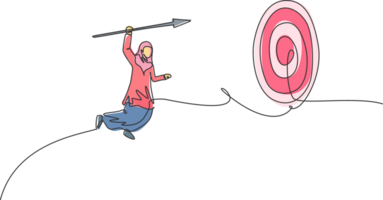 solteiro contínuo linha desenhando jovem profissional fêmea árabe empreendedor pulando Alto enquanto bater a objetivo alvo. minimalismo metáfora conceito dinâmico 1 linha desenhar gráfico Projeto ilustração png