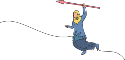 Continuous one line drawing young Arabic female worker jumping high while holding arrow spear. Success business manager minimalist concept. Trendy single line draw design graphic illustration png