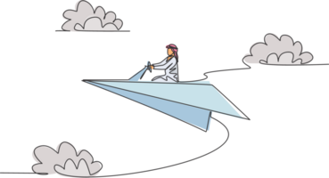 Continuous one line drawing of young Arab male worker flying with paper plane doing business trip. Success manager minimalist metaphor concept. Single line draw design graphic illustration png