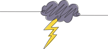 Single continuous line drawing of flashing thunderbolt with heavy cloud in the sky. Daily natural weather phenomena concept. Minimalism dynamic one line draw. Graphic design illustration png