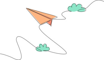 Single einer Linie Zeichnung von Papier Flugzeug fliegend hoch auf das Himmel auf . kreativ Origami Spielzeug Konzept. modern kontinuierlich Linie zeichnen Design Grafik Illustration png