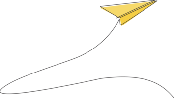 solteiro 1 linha desenhando do papel avião vôo Alto acima para a céu sobre. papel ar construir origami crianças jogos conceito. moderno contínuo linha desenhar Projeto gráfico ilustração png