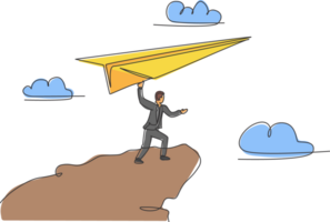 Single continuous line drawing young business man flying big paper airplane from top of hill. Professional businessman metaphor concept. Minimalism one line draw. Graphic design illustration png