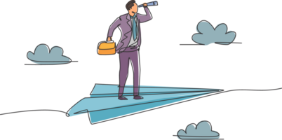 Single one line drawing of young smart business man flying with paper aircraft while analyze stock market. Business metaphor concept. Continuous line draw. Minimal design graphic illustration png