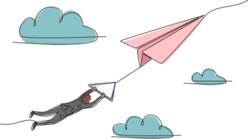 enda kontinuerlig linje teckning av ung företag man hängande på flygande stor papper flygplan. företag utmaning liknelse begrepp. minimalism dynamisk ett linje dra. grafisk design illustration png